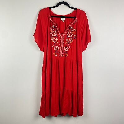 #ad Knox Rose Boho Short Sleeve V Neck Tiered Floral Embroidered Red Dress Size 1X $24.95