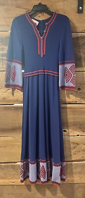 #ad Vintage Giamo Blue Knit Maxi Dress 1970#x27;s Red Geometric Accents SALE READ $75.00