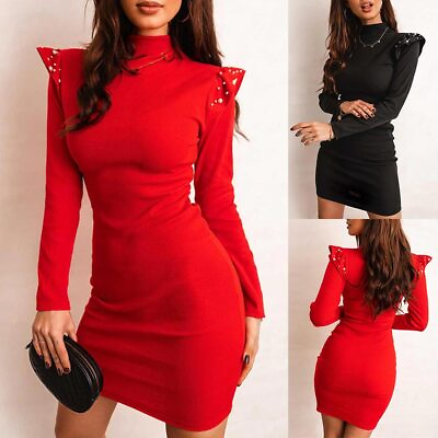 #ad Women High Neck Long Sleeve Mini Dress Ruffle Bodycon Evening Club Party Dresses $26.59