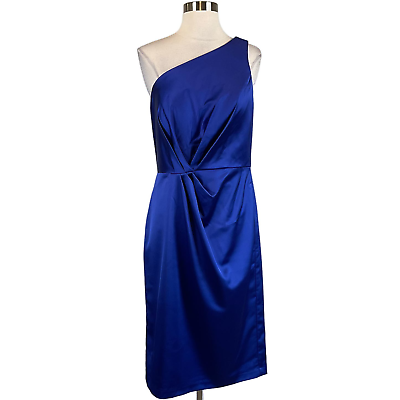 #ad Alex Evenings Women#x27;s Cocktail Dress Size 12 Blue Satin One Shoulder Midi Sheath $69.99