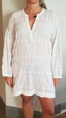 #ad White Gauzy Longsleeve Dress Comfy Lightweight V Neck So Cute Cover Up Beach $18.33