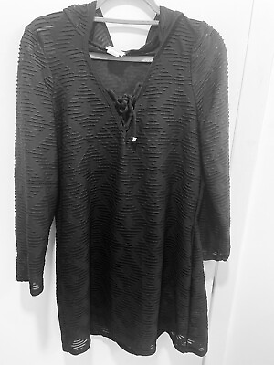 #ad Women#x27;s Wearabouts Black Textured Long Sleeve Hooded Swimsuit Pool Cover Up Sz L $11.00