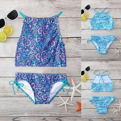 Girls Beach Halter Tankini Biki Set Boho Print Swimsuit Swimwear Age 8 14Years $16.84
