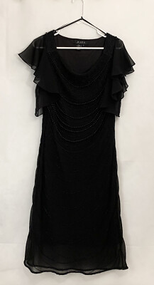 JKARA Black Beaded Evening Dress Size 12 20quot; Flutter Sleeve Shift Sheath Gown $39.99