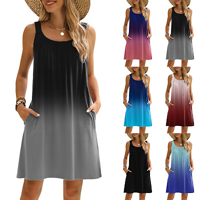 #ad Women Dress Summer Casual T Shirt Dress Beach Cover Up Sleeveless Vest Skirt $26.42