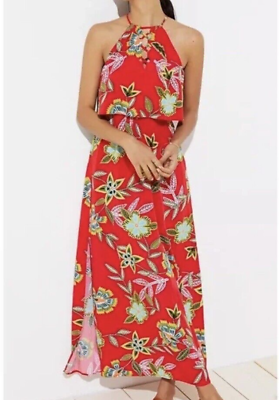 #ad Loft Beach Woman#x27;s Size XL Red Floral Maxi Dress Sleeveless Side Vents $24.99