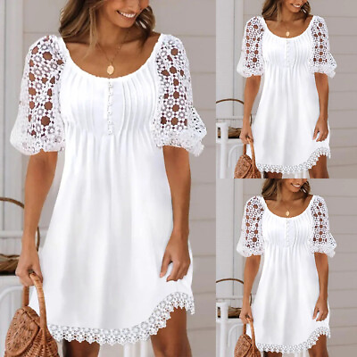 #ad Women#x27;s Lace Summer Mini Dress Half Sleeve Holiday Beach Casual Loose Dresses $20.51