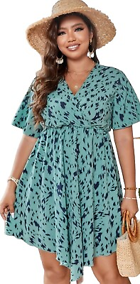 Plus Size Spotted Asymmetrical V neck Casual Party Dress Size 3x $28.00