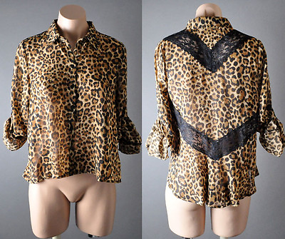 Womens Brown Leopard Lace Long Sleeve Chiffon Button Down Shirt Blouse Top S M L $14.99