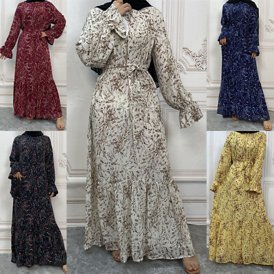 Chiffon Floral Kaftan Muslim Islamic Long Sleeve Maxi Dress Casual Abaya Jilbab $48.31