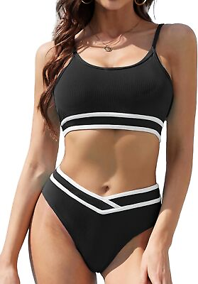 #ad Scacto Women#x27;s High Waisted Bikini Sets Sporty 2 Piece Swimsuit High Cut Ribbed $89.51