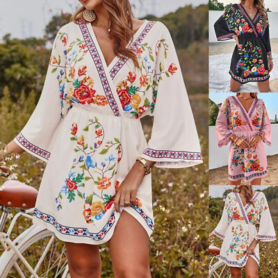 #ad #ad Women#x27;s Boho Floral Beach Holiday Mini Dress Ladies Casual Loose Sundresses US $33.49