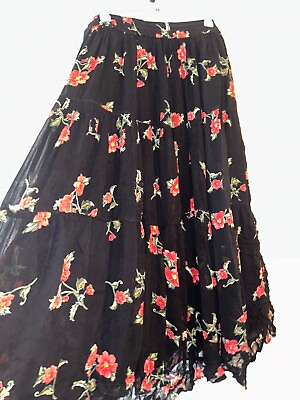 Vintage Skirt Long Black Floral Lined Boho Bohemian Peasant Retro Size 18 20 GBP 15.99