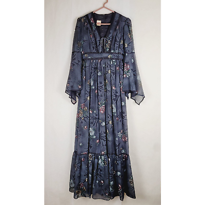 #ad Vintage Candy Jones California grey flared sleeve floral print boho maxi dress $130.00
