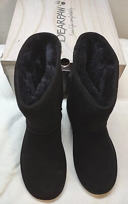 Bearpaw Boots Womens 8 Emma Short Wide Mid Calf Winter Black Leather Pull On $16.09