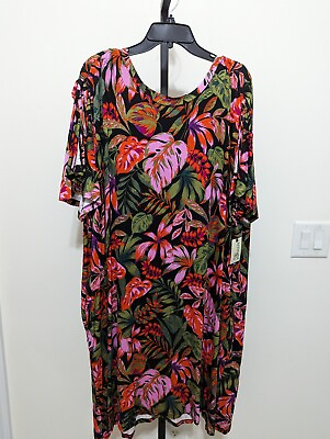 #ad Terra amp; Sky Women#x27;s Plus Flutter Tie Sleeve Midi Dress Tropical Knit Size 4X $14.99