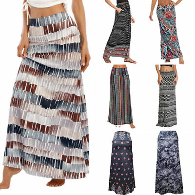 #ad Boho Long Maxi Dress Summer Beach Holiday Party Casual Elastic Waist Skirt Women $16.91