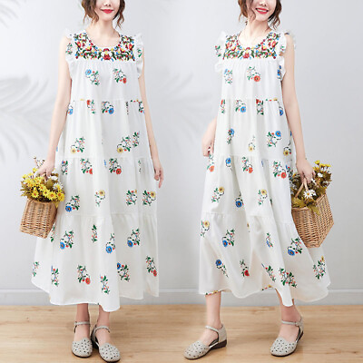#ad Lady Ethnic Boho Midi Dress Ruffle Hippie Embroidery Floral Sleeveless Dresses $28.89