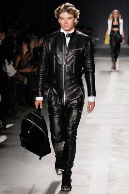 #ad Party Men Lambskin Stylish 100%Original Casual Soft Black Leather Wear Jumpsuit $255.00