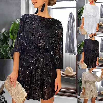 #ad Womens Sparkly Party Dresses Long Sleeve Cocktail Christmas Mini Belt Dress SIZE $34.38