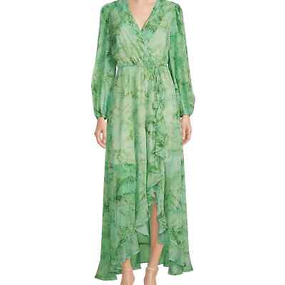 #ad Alex Marie quot;Halliequot; Green Palm Print V Neck Chiffon Long Sleeve Maxi Dress 4 $80.00