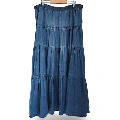 #ad Vintage Maxi Tiered Denim Skirt Women#x27;s M L Blue USA Western Pull on $25.99
