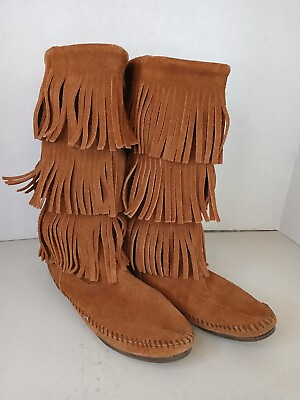 #ad Minnetonka Women#x27;s Brown Leather Fringe Slouch Boho Boots. Size 8. $19.99