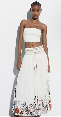 #ad #ad Women Skirt Long White Embroidered long Sea motif smocked waist Size S New Zara $79.00