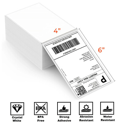 1000 4 x 6 Fanfold Direct Thermal Shipping Labels White For Zebra Rollo Printer $19.59