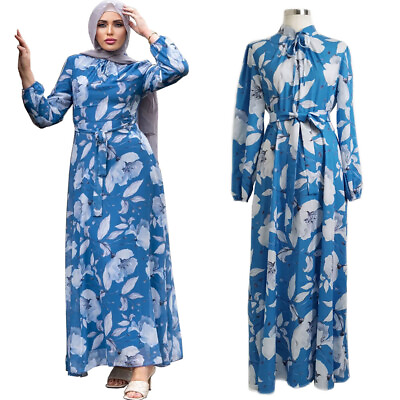 Muslim Women Abaya Long Sleeve Maxi Dress Floral Print Evening Party Islam Gown $35.55