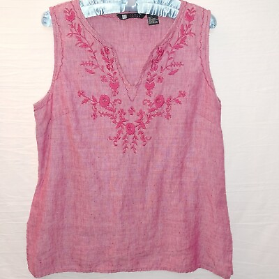 #ad Carole Little Large Tank Top Blouse Red Linen Embroidered Sleeveless $16.00