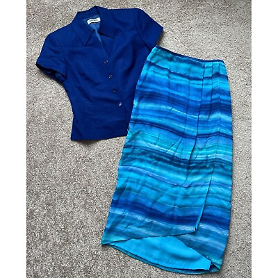 #ad #ad Kasper Skirt Set Womens Size 2 Petite Midi Bohemian Casual Classic Blue Stripe $29.99