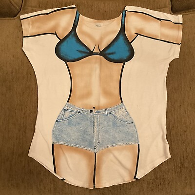 #ad Vintage Bikini Body Shirt Tease All Over Print USA Made Tropical Beach Coverup $33.98