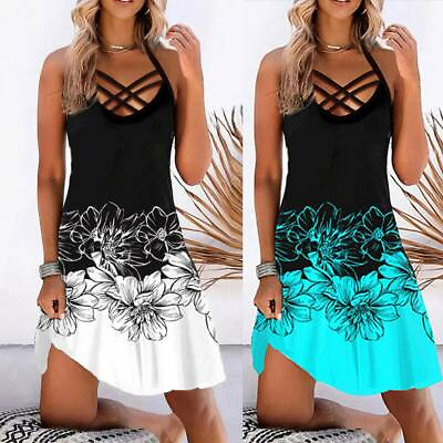 #ad Womens Summer Boho Floral Strappy Mini Dress Casual Swing Sundress Holiday Beach $35.89