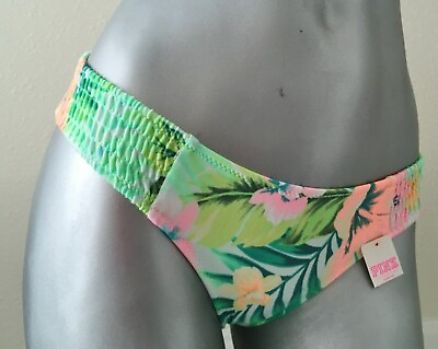 Nwt Victorias Secret PINK Green Tropical Floral Smocked Mini Bikini Bottom S $9.50