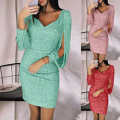 Womens Sexy Formal Gown Evening Party Sheath Sleeve V Neck Bodycon Mini Dress US $16.17