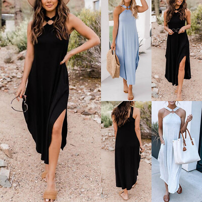 #ad Plus Size Womens Summer Halter Neck Maxi Dress Ladies Casual Loose Long Sundress $21.59