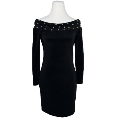 #ad Vtg 90s Black Cocktail Dress Long Sleeve Off Shoulder Studded Bodycon S 4 6 LBD $32.99
