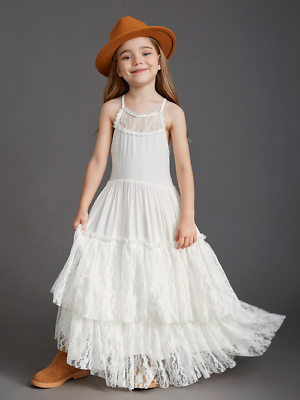Princess Girls Lace Cotton Long Dresses Kids Flower Girl Wedding Party Clothing $45.85