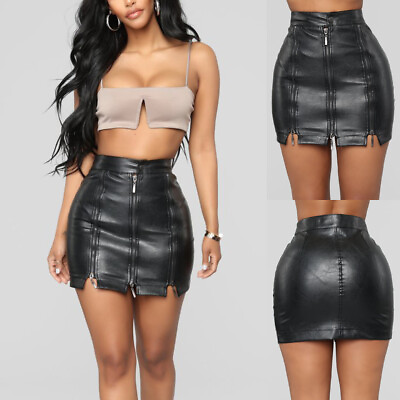 Womens PU Leather Zip Up Bodycon Pencil Dress Party Club Wet Look Mini Skirts US $24.39