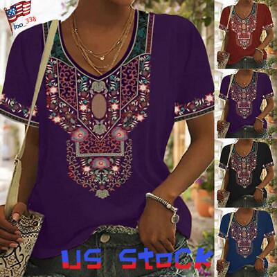 #ad Womens Boho Floral Short Sleeve Tops T Shirt Ladies Summer Casual Loose Blouse $16.39