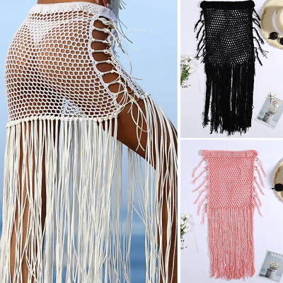 #ad Womens Crochet Knitted Beach Cover Up Skirt Hollow Out Fishnet Tassels Beachwear $22.10