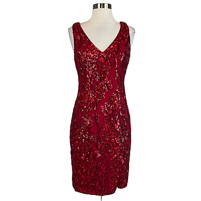 #ad Alex Evenings Women#x27;s Cocktail Dress Size 4 Red Sequined Sleeveless Sheath $69.99