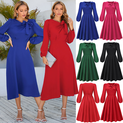 #ad Elegant Women Long Sleeve Tapered Waist A line Midi Dress Party Cocktail Dresses $24.99