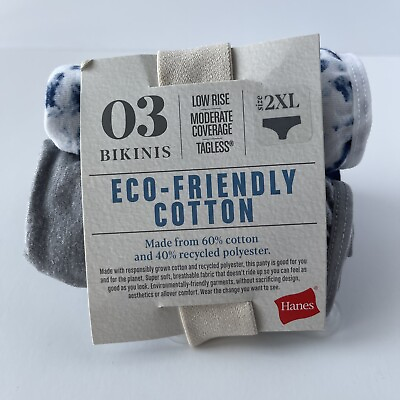 Hanes Eco Friendly Cotton Bikinis Plus Sz 2XL 3 pack Blue Gray Tagless Low Rise $11.99