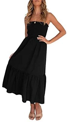 #ad ZESICA Womens Bohemian Strapless Beach Party Long Maxi Dress Black Medium $15.12