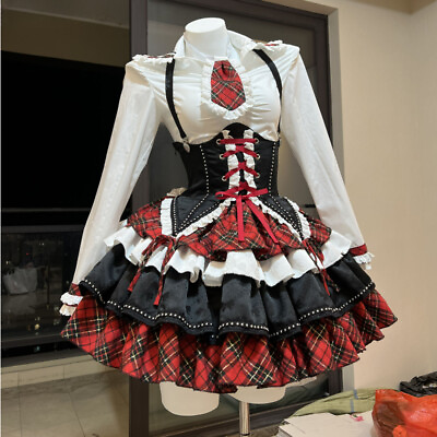 #ad Gothic Lolita 3 Piece Set Women Plaid Patchwork JK Kawaii Sweet Mini Skirt Suit $50.47