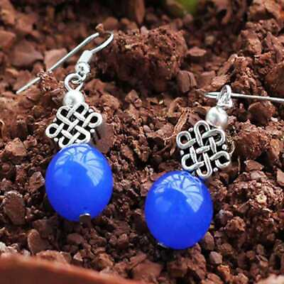 #ad Handmade 12MM blue chalcedony beads earrings Tibetan silver Party Teens Women C $5.85