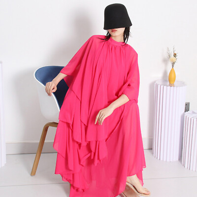 Solid Chiffon Elegant Sleeves Layered Ruffle Hem Long Maxi Soft Dress for Women $69.65