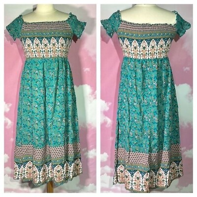 #ad Boho Maxi Smocked Dress size Large Floral Teal Blue Pink Orange $8.99